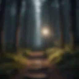 Illuminated path through dark woods