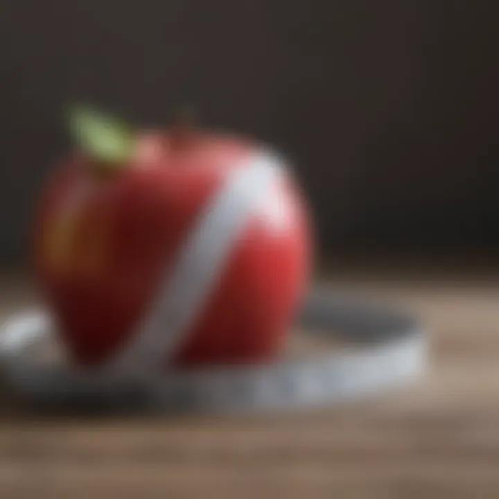 Tape measure wrapped around an apple symbolizing health and fitness
