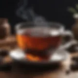 A steaming cup of black tea with aromatic herbs