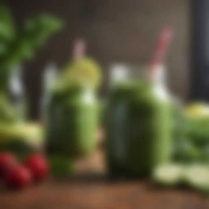 Green smoothie in a mason jar with fresh greens and fruits in the background