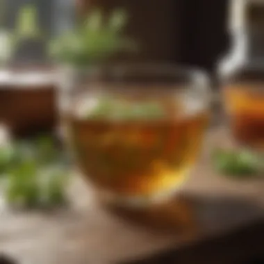 Herbal tea in a delicate glass cup on a rustic table