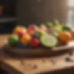 Organic fresh fruits on a wooden cutting board