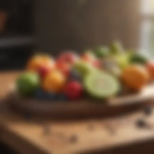 Organic fresh fruits on a wooden cutting board