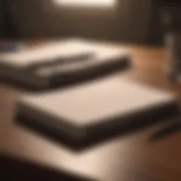 An elegant notebook open on a desk with a pen beside it