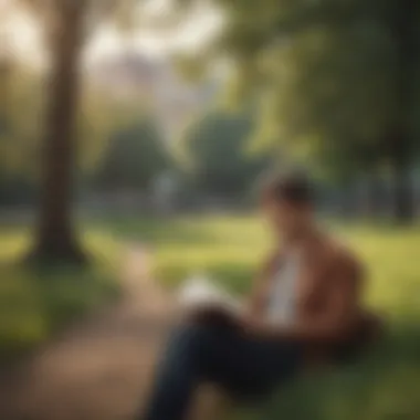 A thoughtful individual jotting down insights while reading a book in a public park.