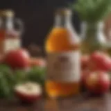 A bottle of apple cider vinegar surrounded by herbs and spices, symbolizing natural remedies.