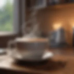 A steaming cup of coffee on a wooden table.