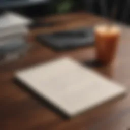 An elegantly designed notepad with a profound quote penned on it, surrounded by a calming workspace.