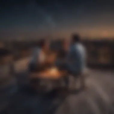 Starry Night Romance Couple stargazing on a rooftop terrace