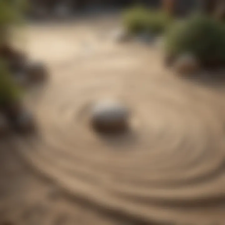 Zen garden with raked sand pattern