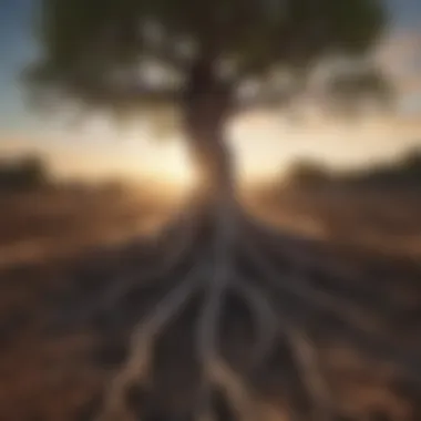 Rooted Aspirations Abstract representation of a tree with roots deep in the soil and flourishing branches reaching towards the sky