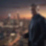 Visionary leader overlooking city skyline at dusk