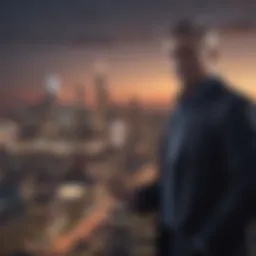 Visionary leader overlooking city skyline at dusk