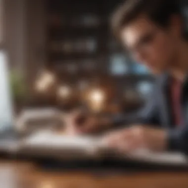 Close-up of a student studying with textbooks and a laptop