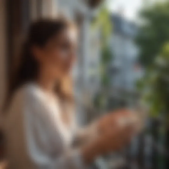 A woman enjoying a morning coffee on a serene balcony