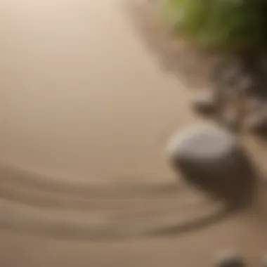 Zen garden with raked sand patterns and rocks